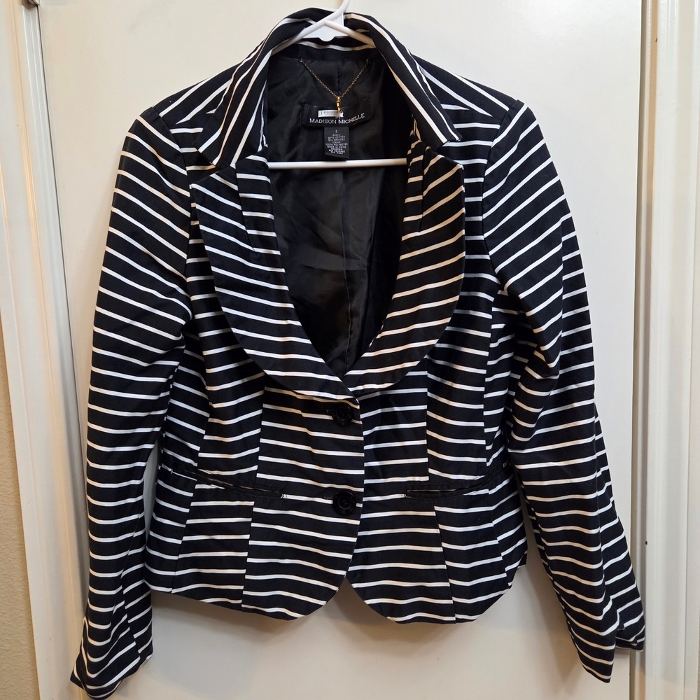 Madison Michelle Black White Striped Blazer Jacket Womens Size 6 Lapel Collar